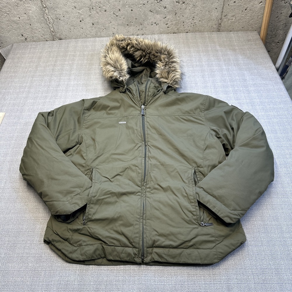Columbia Olive Green Hooded Puffer Jacket with Faux Fur Trim